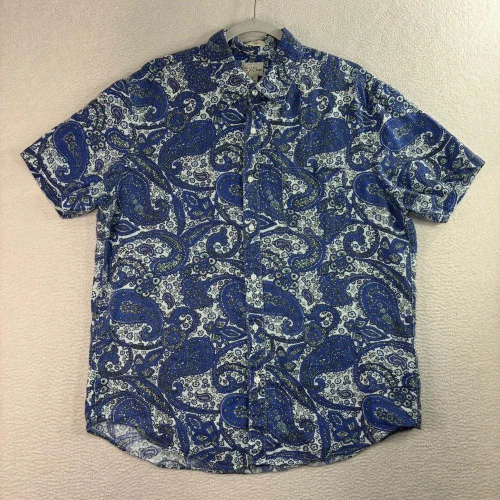 J Crew Linen Button Shirt Men‎ L Blue Paisley AOP Summer Beach Vacation Short